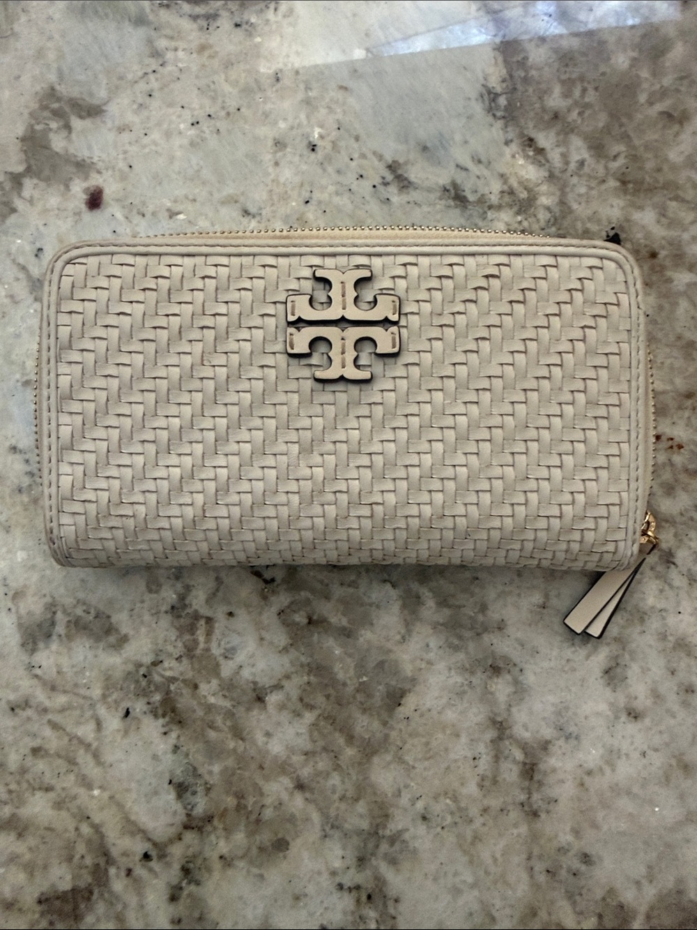 Tory Burch Ivory Woven Zip Wallet with Logo